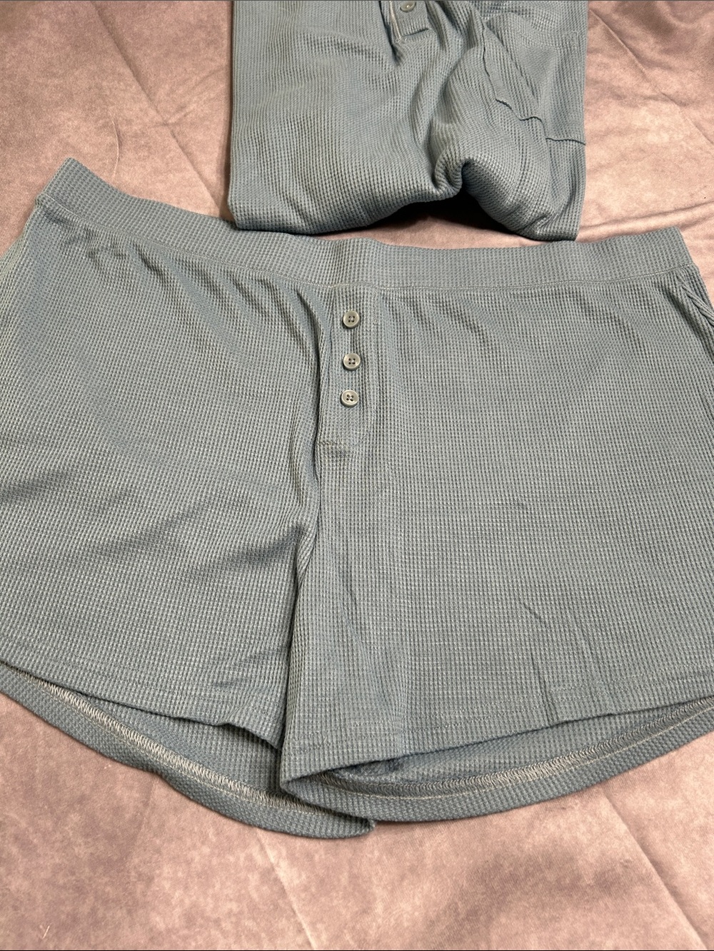Serra Light Aqua Blue Waffle Knit Henley Short Pajama Set - Picture 2 of 12
